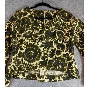 VINTAGE 80s Cropped Blouse Womens Green Cream Floral Long Sleeve Retro Small
